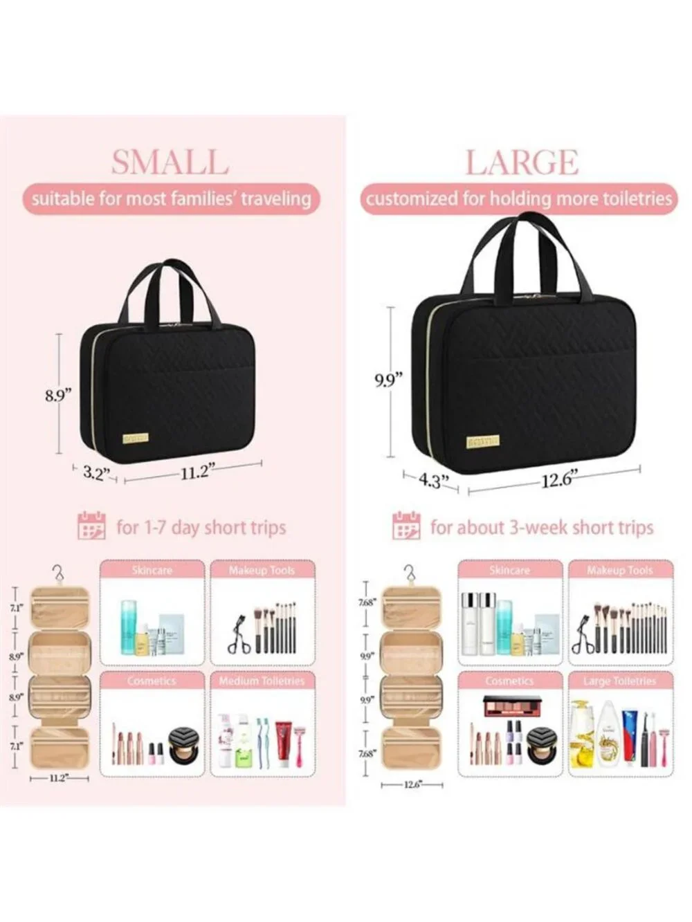 Hanging Travel Toiletry Bag Women Men Essentials Black | Big Compartment Bag